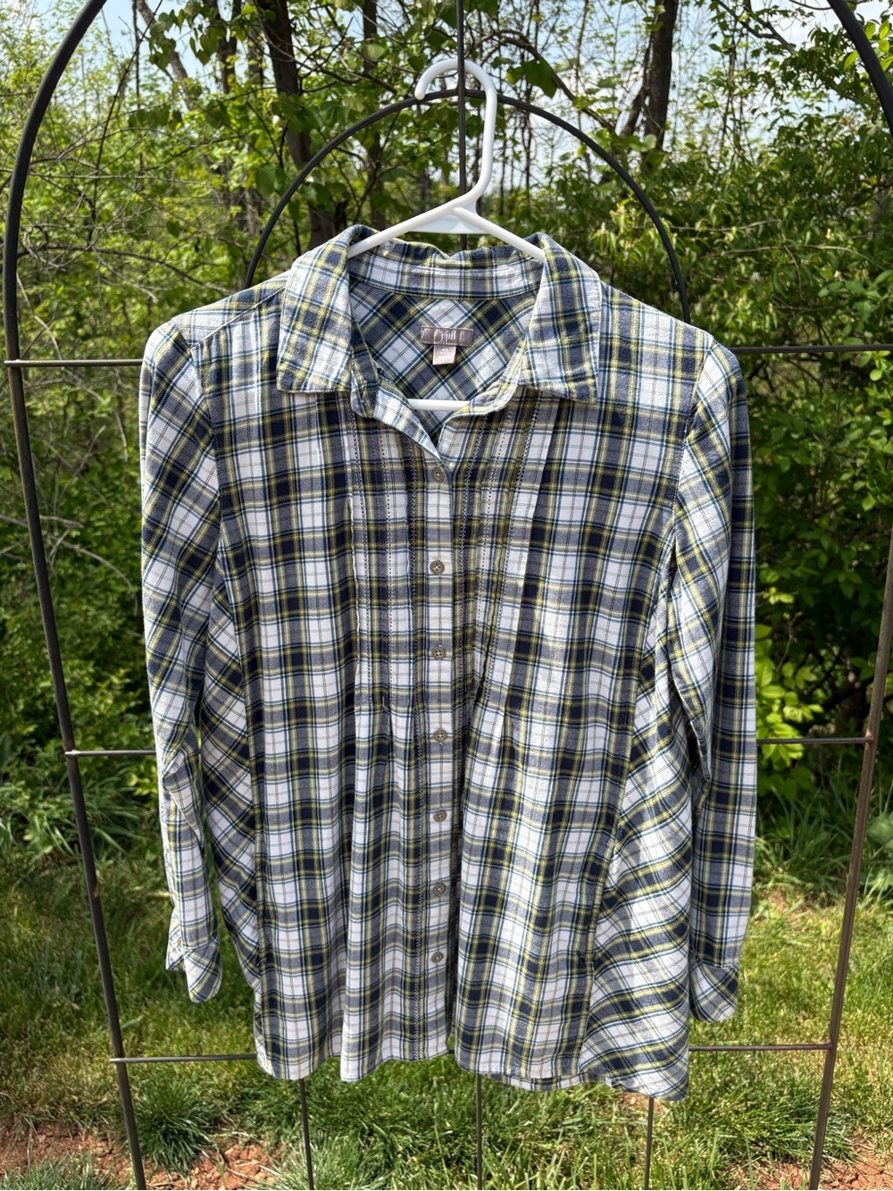 J. Jill Plaid Button-Down Shirt Women’s XS Oversized Blue Green White Plaid Top